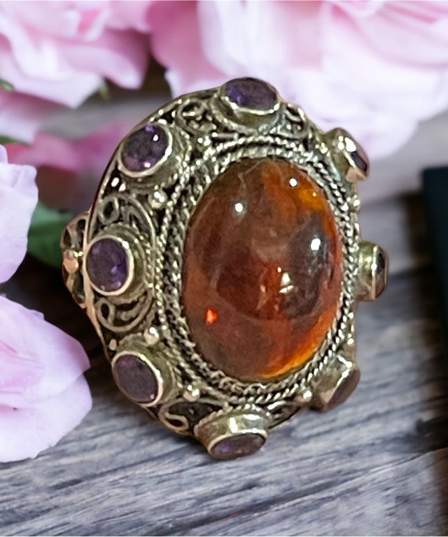 Vintage Sterling silver 925 China export Filagree Amethyst Amber chunky Ring