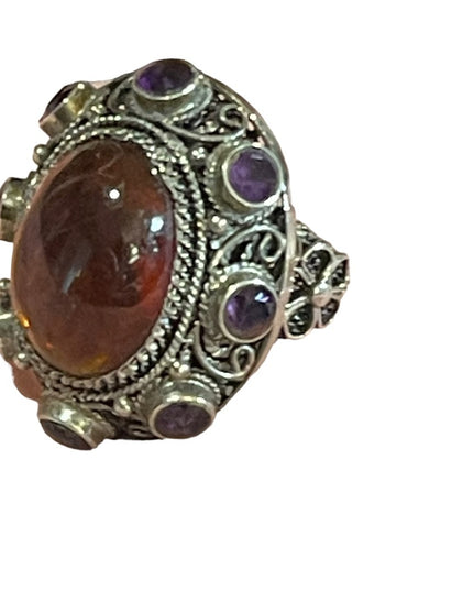 Vintage Sterling silver 925 China export Filagree Amethyst Amber chunky Ring