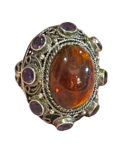 Vintage Sterling silver 925 China export Filagree Amethyst Amber chunky Ring