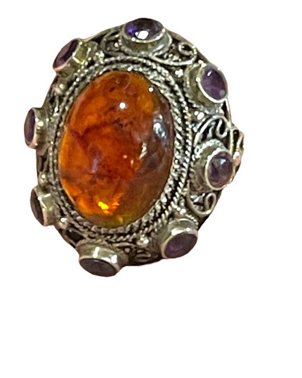 Vintage Sterling silver 925 China export Filagree Amethyst Amber chunky Ring