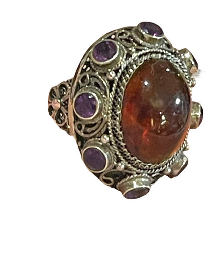 Vintage Sterling silver 925 China export Filagree Amethyst Amber chunky Ring