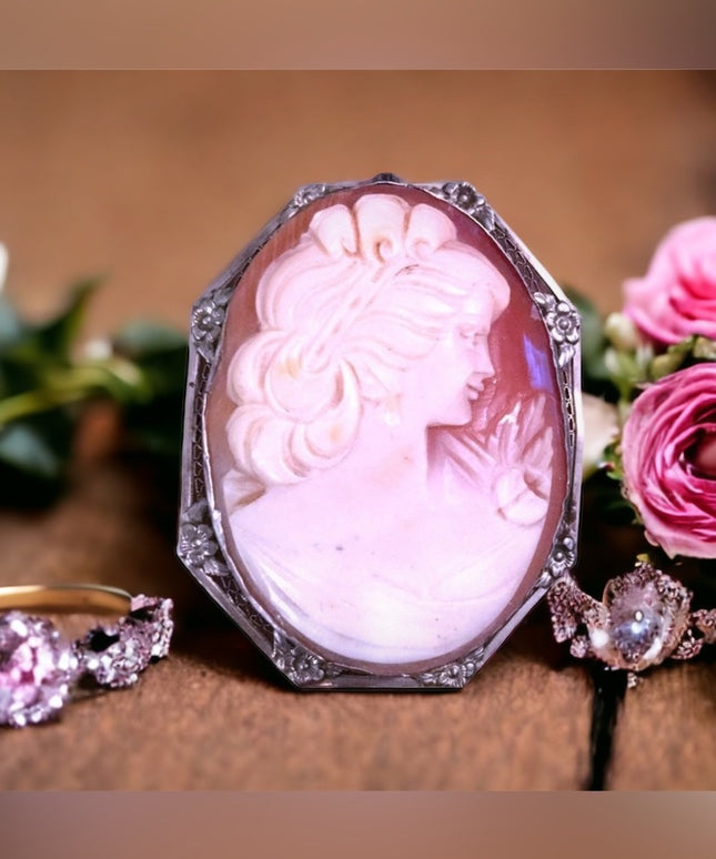 Antique 12k WG Ornate Shell Cameo Large Beauty carved handmade Victorian