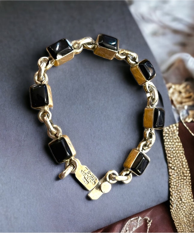 Vintage TS-119 Mexico 925 Taxco Black onyx link bracelet sterling silver