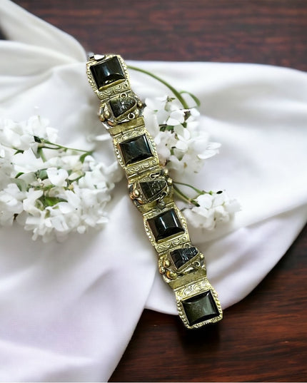 Vintage 1940s DF Mexico 925 Sterling black onyx mayan aztec link  bracelet