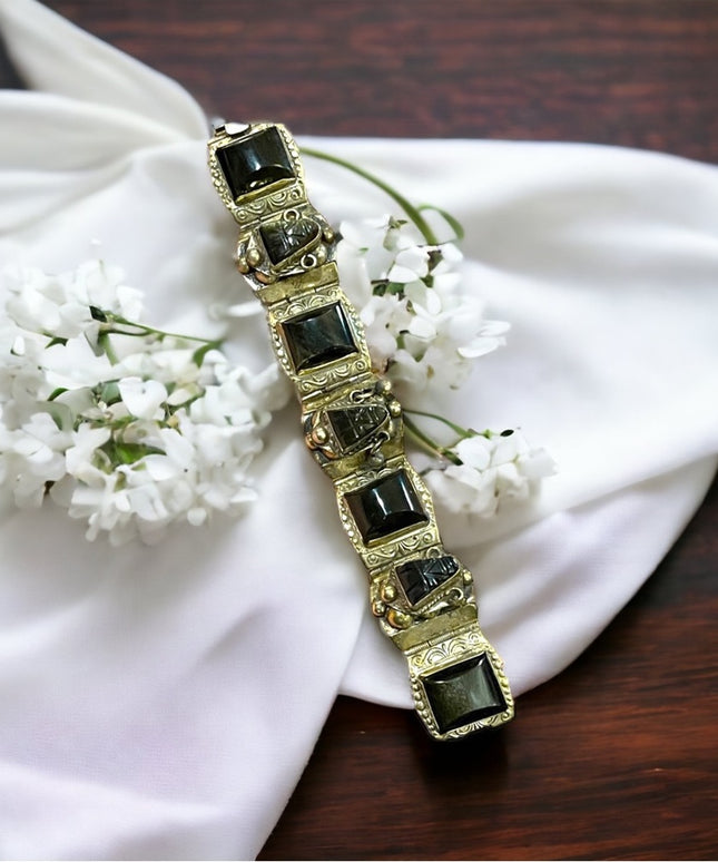 Vintage 1940s DF Mexico 925 Sterling black onyx mayan aztec link  bracelet