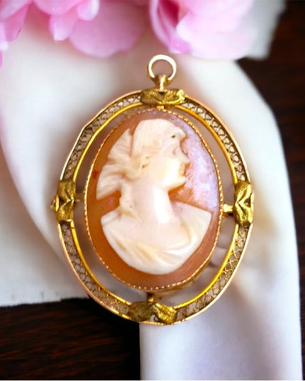 Antique 10k Gold hand carved cameo brooch pendant