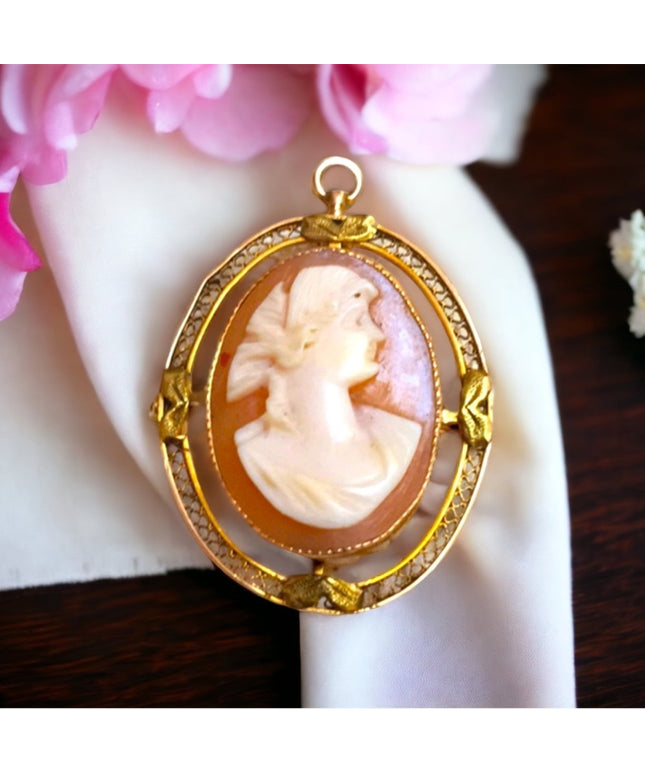 Antique 10k Gold hand carved cameo brooch pendant