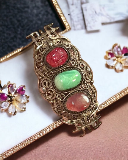 Antique 1900s 800 Silver Jade & ruby Chinese good luck brooch filagree  Export