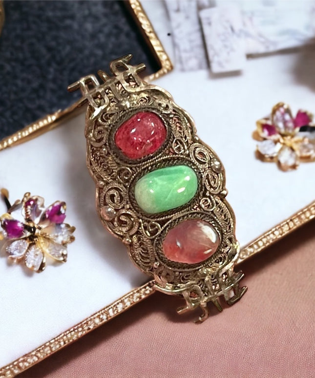 Antique 1900s 800 Silver Jade & ruby Chinese good luck brooch filagree  Export
