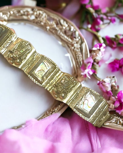 Vintage Mid century Alpaca Silver Taxco Mexican Abalone Warrior Bracelet