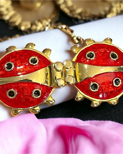 Vintage 1980s Chunky Large Enameled  Lady bug belt buckle gold finish