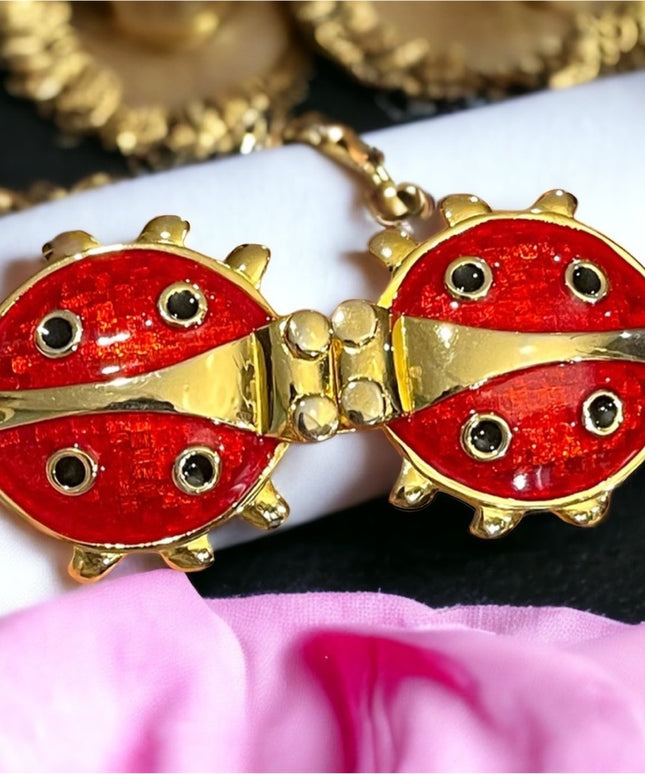 Vintage 1980s Chunky Large Enameled  Lady bug belt buckle gold finish