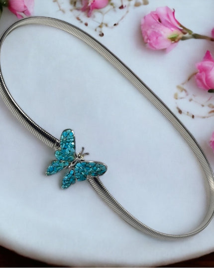 Vintage turquois butterfly buckle metal snake belt 26-28”