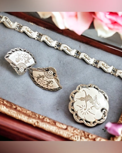 Vintage 1930s Siam Sterling 925 White enameled Demi Parure Bracelet brooch ear