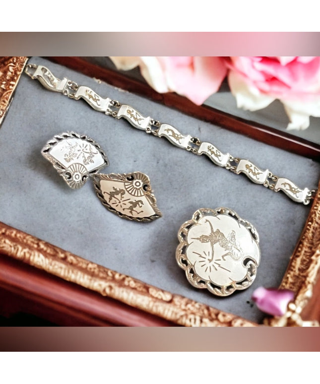 Vintage 1930s Siam Sterling 925 White enameled Demi Parure Bracelet brooch ear
