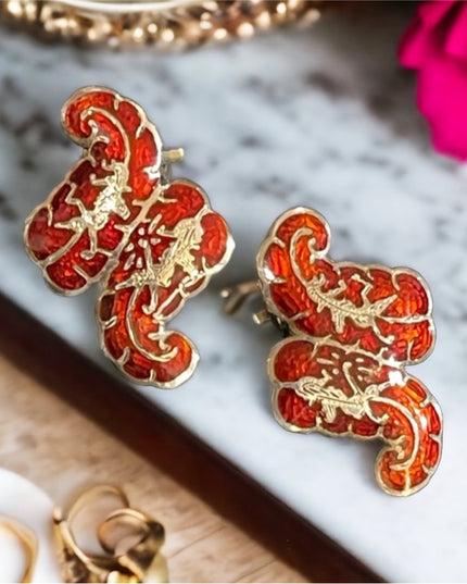 Vintage 1950s sterling silver SIAM red enamel fancy clip on earrings dancer