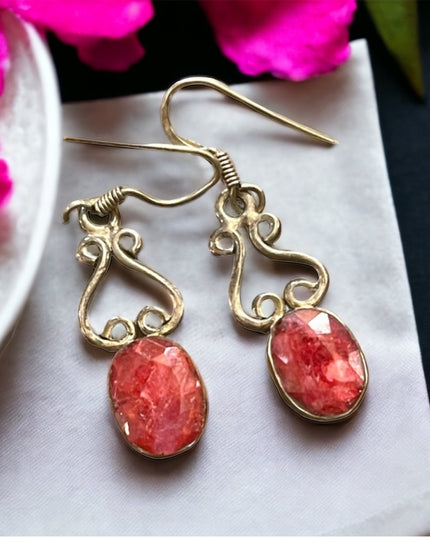 Lovely raw ruby dangle fancy Thai earrings 925 Sterling silver