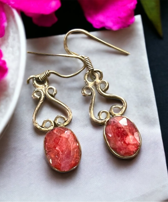 Lovely raw ruby dangle fancy Thai earrings 925 Sterling silver