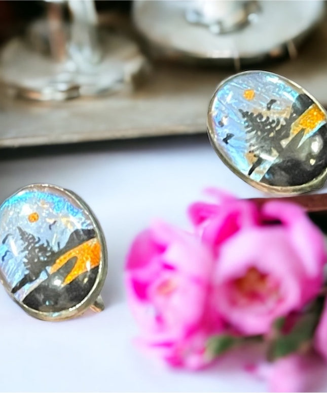 Vintage Colorful scenic Butterfly wing screw back earrings sterling silver 925