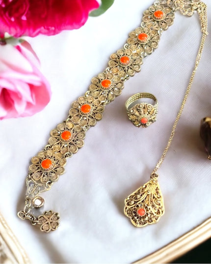 Antique 835 Silver Filagree coral set Demi-parure bracelet ring necklace