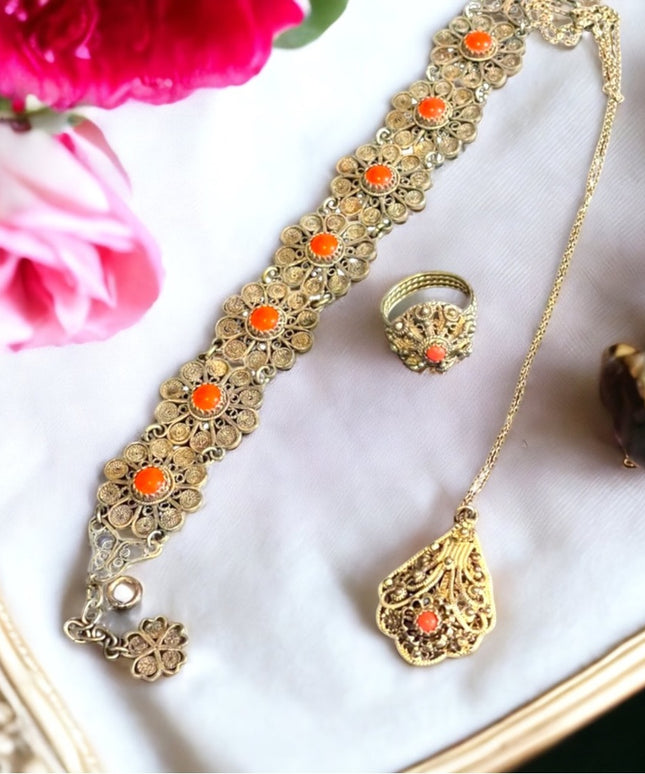 Antique 835 Silver Filagree coral set Demi-parure bracelet ring necklace