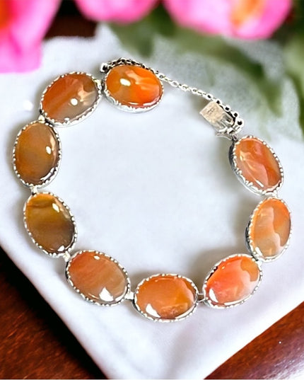 Antique Victorian Sterling silver Cabachon Link agate stone Bracelet 925