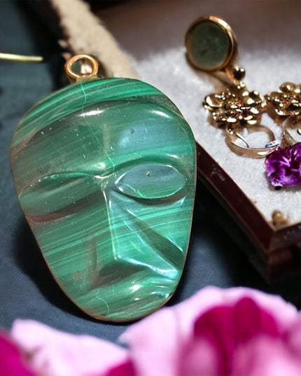 Antique Finely Carved Mexico Mask Malachite Pendant Tribal Heavy stone