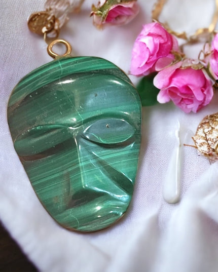 Antique Finely Carved Mexico Mask Malachite Pendant Tribal Heavy stone