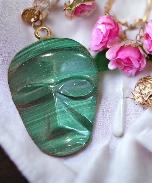 Antique Finely Carved Mexico Mask Malachite Pendant Tribal Heavy stone