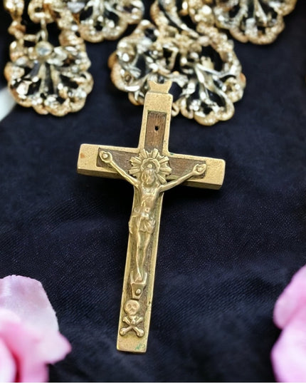 Large Antique Crucifix wood metal cross bones Catholic
