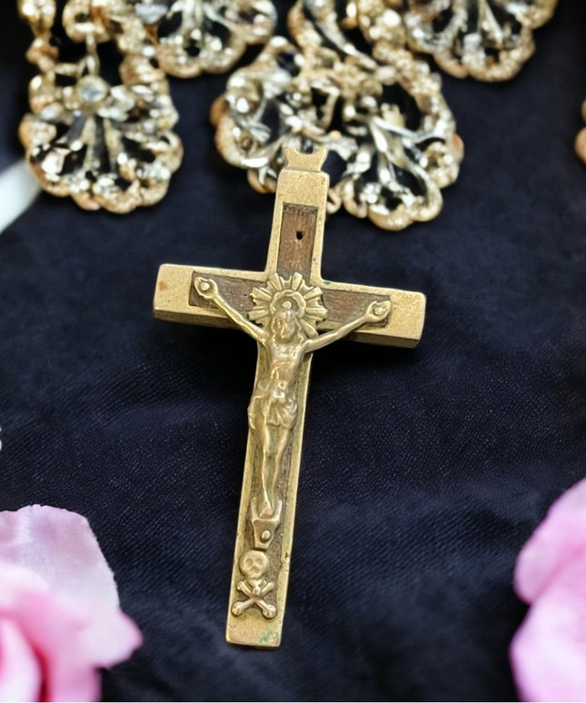 Large Antique Crucifix wood metal cross bones Catholic