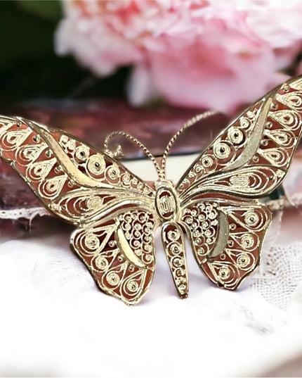 Antique Large sterling silver 925 Germany ornate filagree BUTTERFLY brooch
