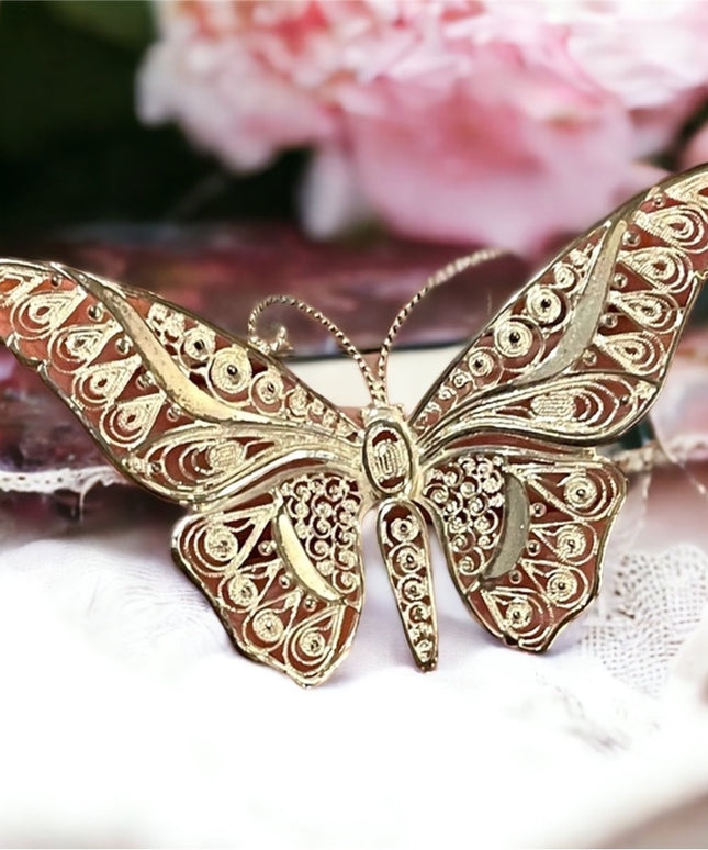 Antique Large sterling silver 925 Germany ornate filagree BUTTERFLY brooch