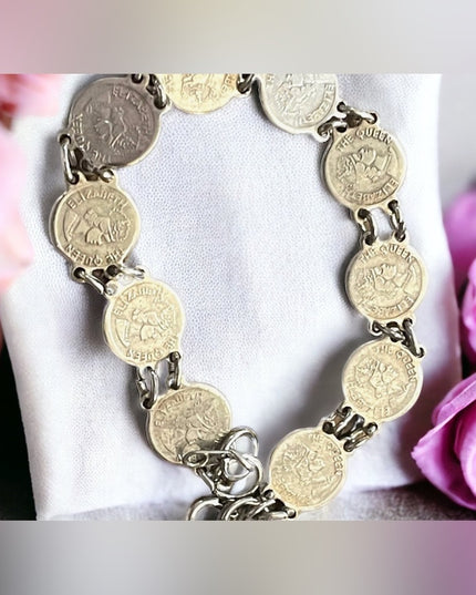 Vintage Silver Hong Kong Queen Elizabeth faux coin tourist bracelet