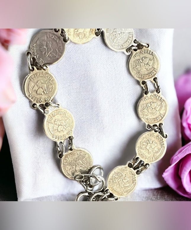 Vintage Silver Hong Kong Queen Elizabeth faux coin tourist bracelet