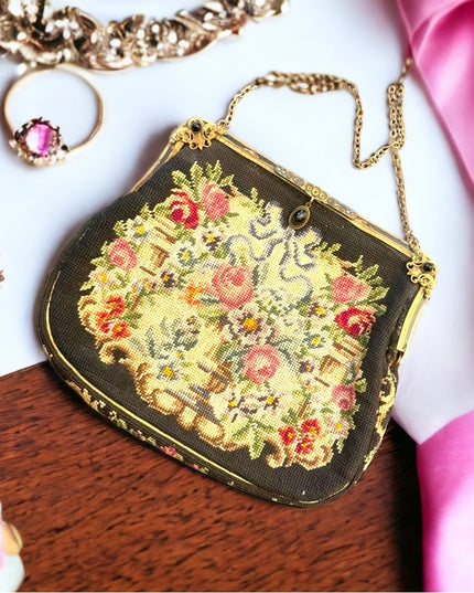 Antique Petite point Flowers Victorian ornate enameled purse blk onyx handmade