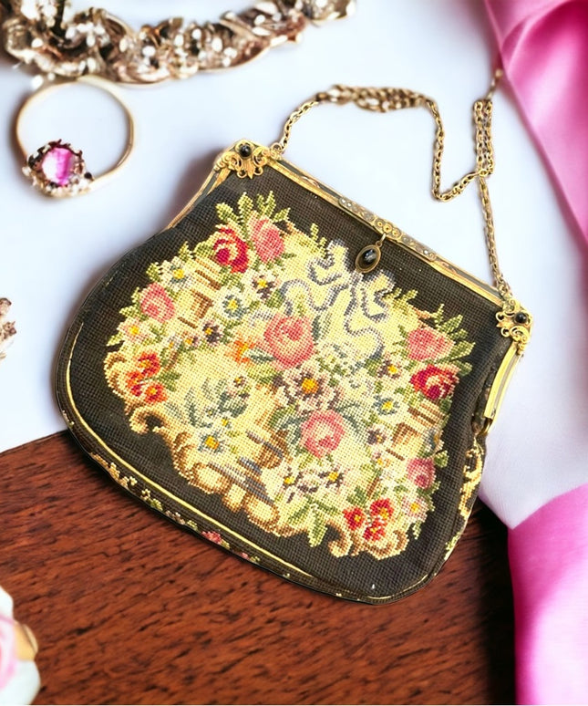 Antique Petite point Flowers Victorian ornate enameled purse blk onyx handmade