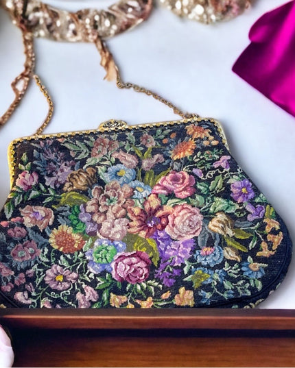 Victorian Handmade petite point Purse flowers Antique needlepoint