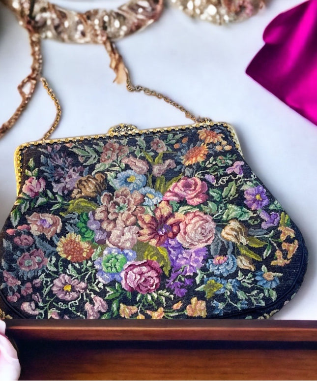 Victorian Handmade petite point Purse flowers Antique needlepoint