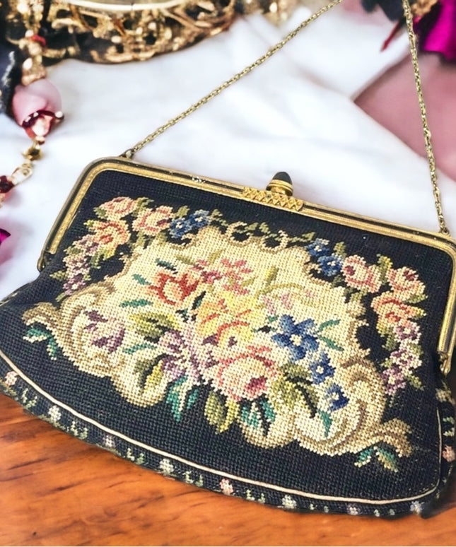 Stunning antique needlepoint wristlet flowers design bag petite point