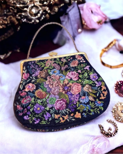 Victorian Handmade petite point Purse flowers Antique needlepoint