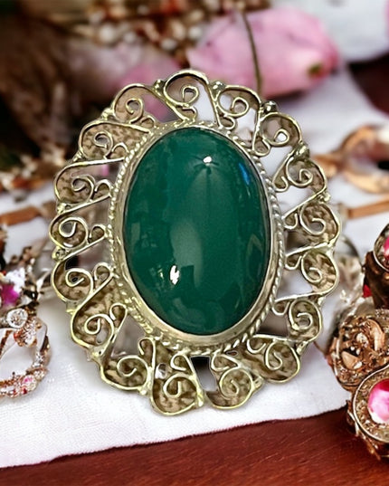 Vintage sterling silver agate pendant brooch oval filagree wire design