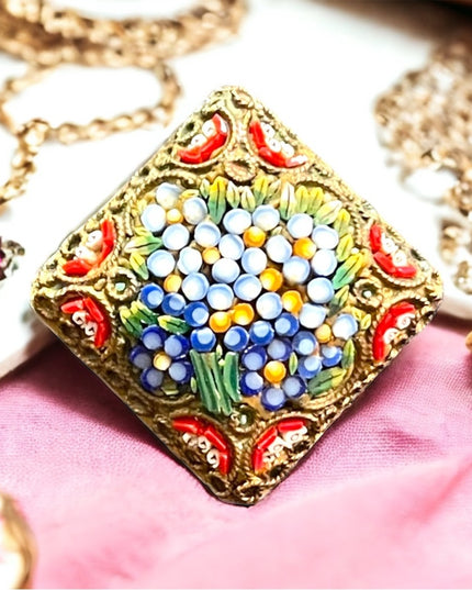 Vintage 1960s Micro Mosaic flower glass brooch Italy