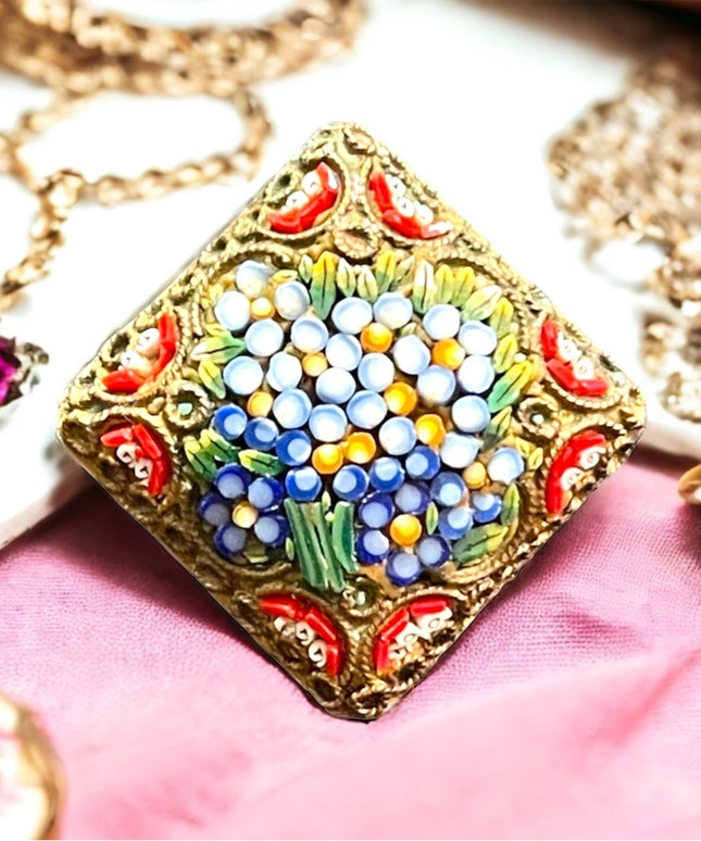 Vintage 1960s Micro Mosaic flower glass brooch Italy