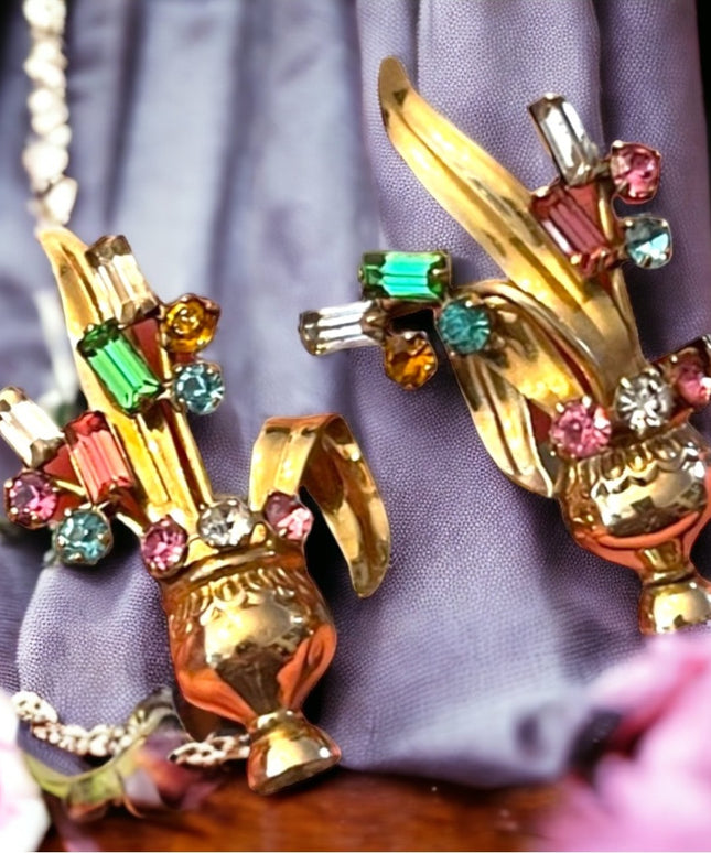Vintage 12k Gold filled Fancy colorful rhinestone crystal flower vase earrings