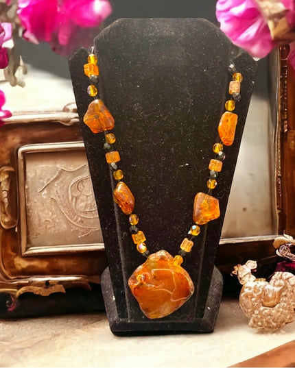 Vintage Amber & Crystal Chunky large artisan Necklace Choker