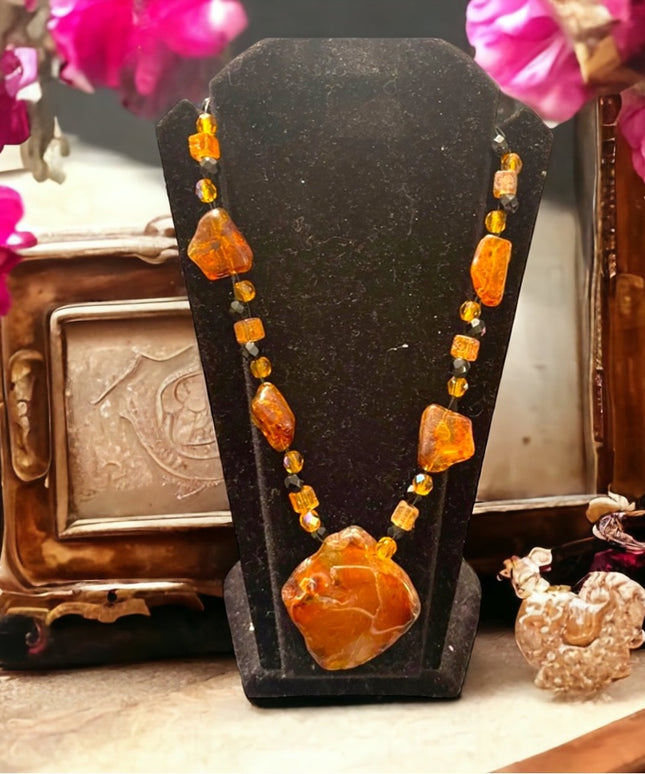 Vintage Amber & Crystal Chunky large artisan Necklace Choker