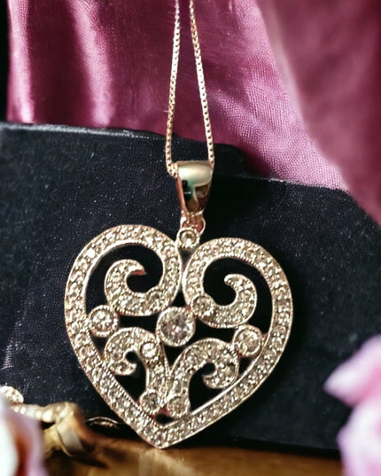 sterling silver 925 silver rhodium plt Fancy CZ heart pendant necklace