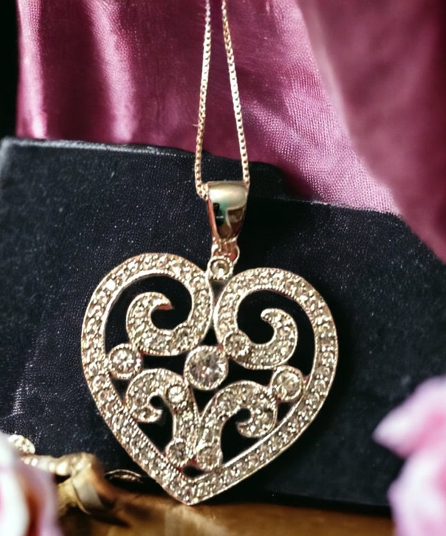 sterling silver 925 silver rhodium plt Fancy CZ heart pendant necklace