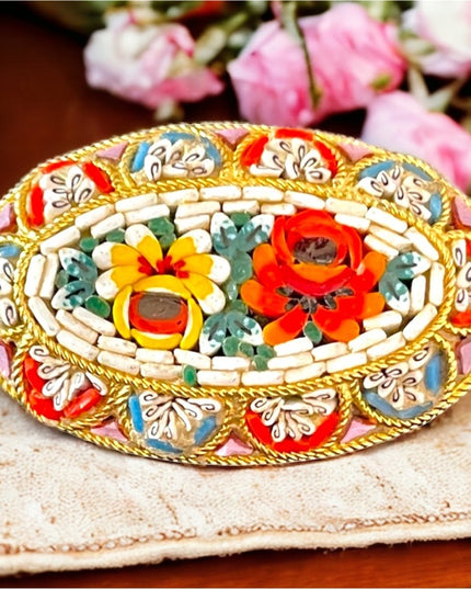 Vintage Italy Gold plated micro mosaic glass oval brooch